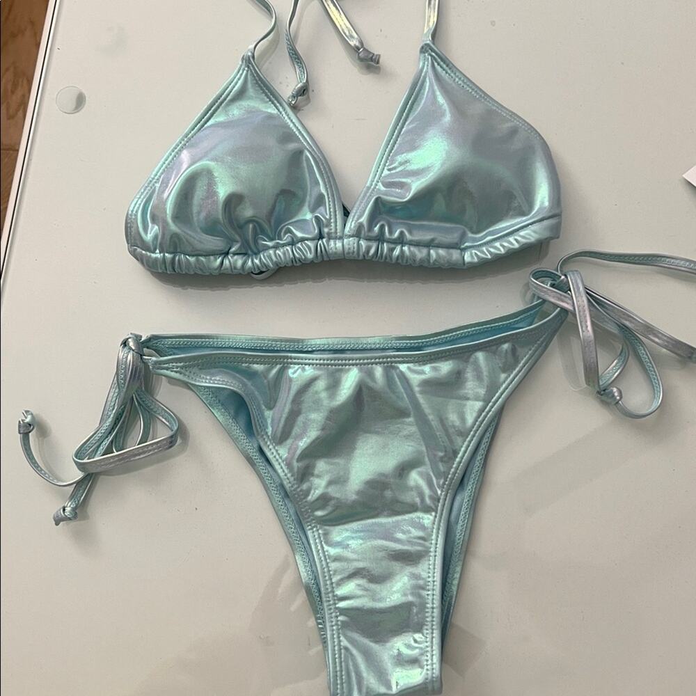 NWT $228 iridescent aqua BIKINI SET Bottoms Up Bikinis Everything But Water M - Picture 2 of 9